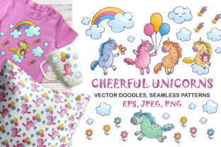 Cherish the Magic: Cheerful Unicorns - Vector Doodles and Seamless Patterns